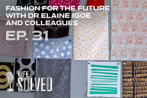 swatches on patterned fabrics pinned to a wall with life solved logo