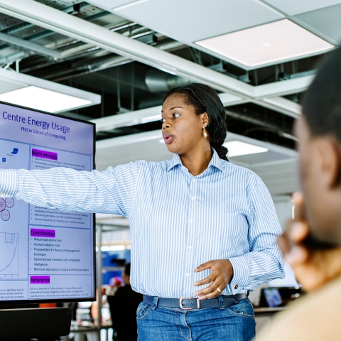 Information analyst looking at data on a monitor