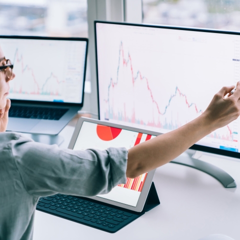 woman pointing at graph with pencil