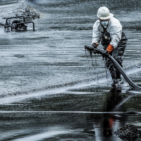 Man cleaning up oil spill on a beach in Thailand