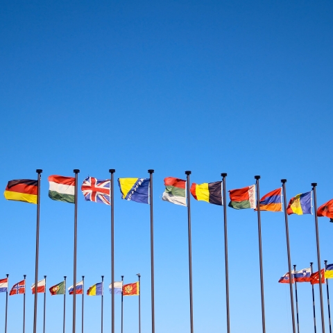 Flags of the world against blue sky