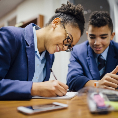 Two students smiling as they work together at a desk