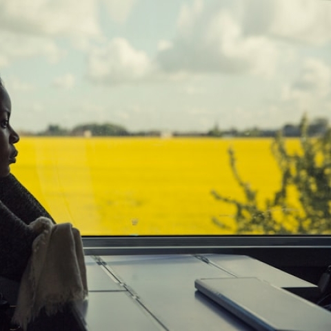 Woman on a train by the window