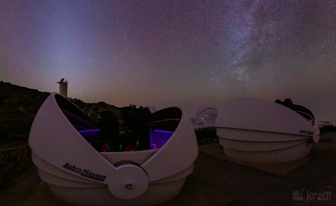 GOTO-North domes on La Palma, with the Andromeda galaxy visible towards the middle of the night sky (28/01/2024).  © Krzysztof Ulaczyk