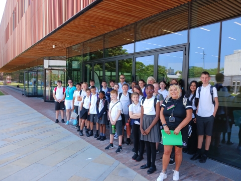 Schoolchildren outside Ravelin Sports Centre