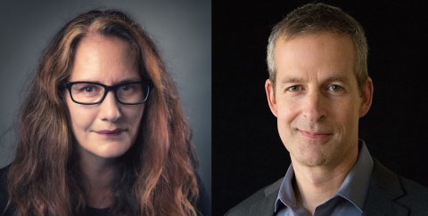 Professor Rebecca Baines, a woman with long curly brown hair and black glasses, and Andy Bochman, a man with short grey hair