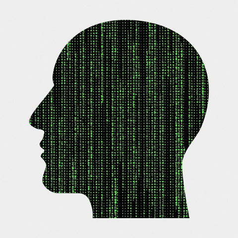 Black outline of a human head with artificial intelligence data running through