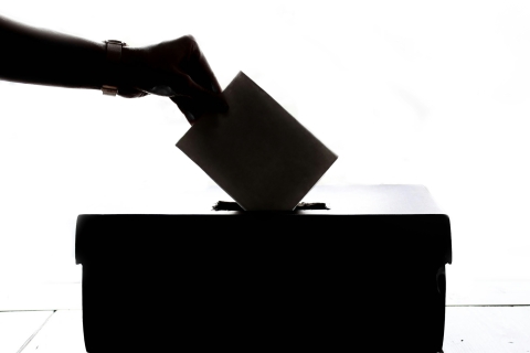 Silhouette of person putting vote in ballot box.