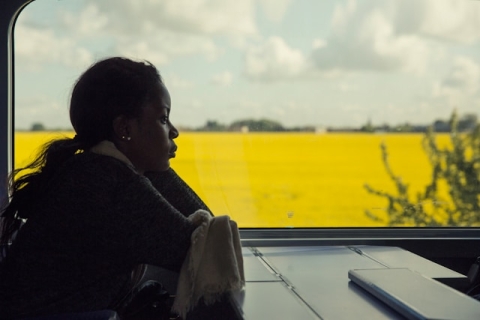 Woman on a train by the window