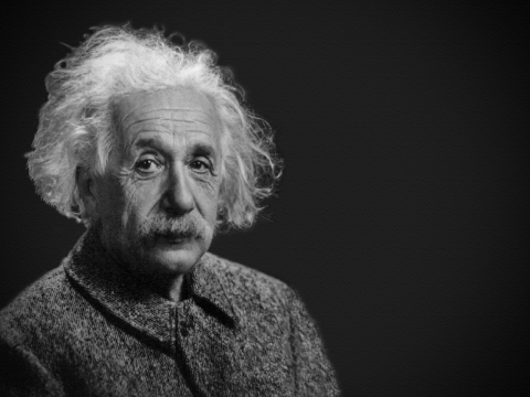 A black and white image of Albert Einstein