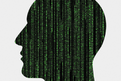 Black outline of a human head with artificial intelligence data running through